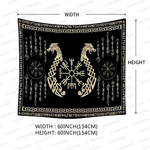 Nordic Vikings Tapestry, Large 60x60inches Soft Flannel, Vegvsir Symbol Twins Dragons Celtic Rune Scandinavian Aesthetic Mythology Tapestry Wall Hanging for Bedroom Living Room Decor GTZYFS1725 - color: Viking Dragons, size: 60"L x 60"W