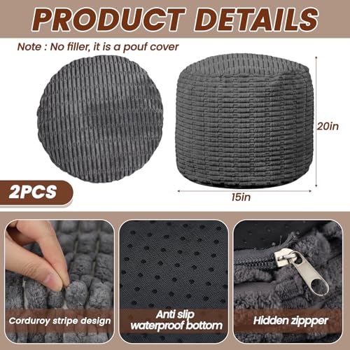 HunnmingRe 2 Pcs 20 x 15 Inch Unstuffed Ottoman Pouf Cover Corduroy Foot Rest - No Filler, Striped Foot Stool Floor Bean Bag Floor Chair Storage for Modern Farmhouse Bedroom Home Decor(Gray) - color: Grey