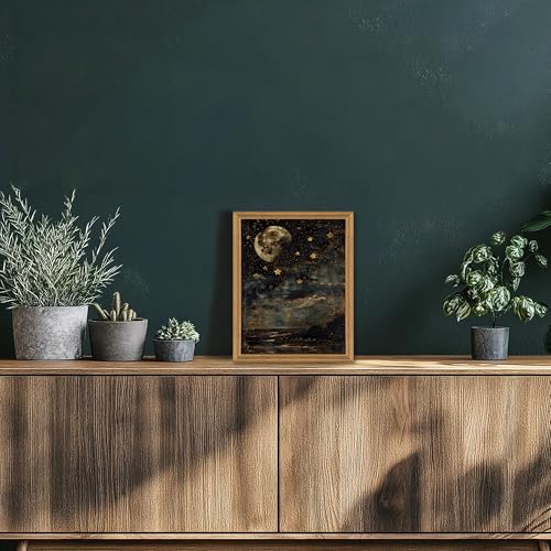 ICHZUMW Moon and Stars Celestial Canvas Wall Art, Mystical Moody Night Sky Poster Prints, Vintage Witchy Dark Academia Wall Decor, Framed Eclectic Gothic Home Decor for Desk Bedroom Bathroom, 8x10in - color: Moonlit Stars, size: 10"L x 8"W