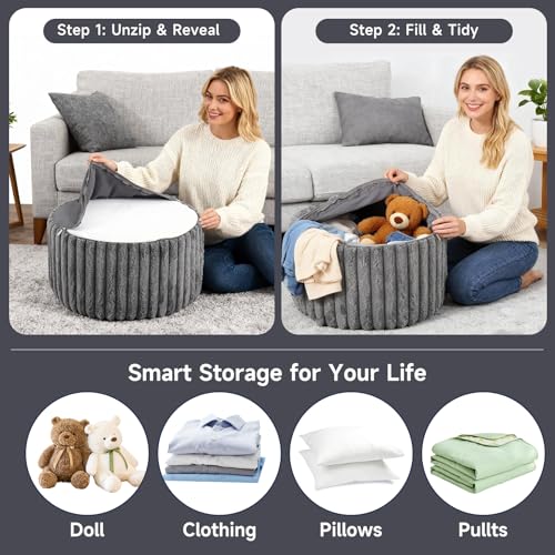 Tiita Round Stuffed Pouf Ottoman, Stripe Faux Fur Poufs with Foam Chunk Filling, Furry and Fluffy Pouf 21×21×12 inch Foot Stool Storage Ottoman,Puff Office Foot Rest for Couch Living Room, Grey - color: Striped Round Grey