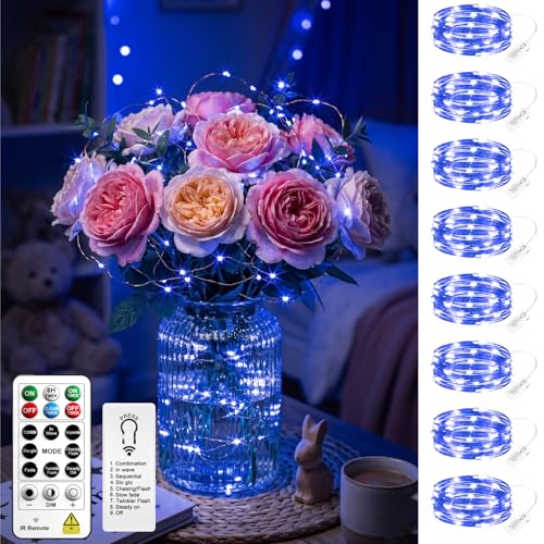 8 Pack Rechargeable LED Fairy Lights 7Ft 20LED Battery Operated with Remote, DIY Timer & 8 Modes, Mini Twinkle String Lights for Indoor Christmas Wedding Mason Jar Bedroom Party Table (Blue) - color: Blue