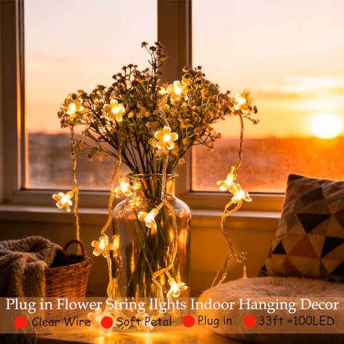 Fairy Flower String Lights Indoor Bedroom Decor, 33 ft 100 LED Artificial Cherry Blossom Lamp Indoor Outdoor Wall Window Garden Hanging Decorations for Christmas Wedding Birtday Party (Warm White) - color: Warm White