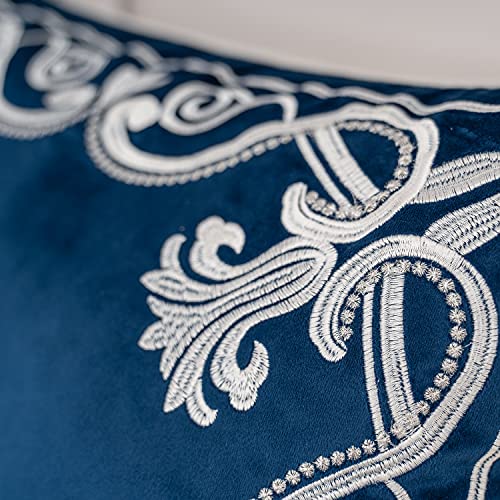 Aeckself European Floral Pillow Cover 12x20 Inch, Luxury Velvet Embroidered Decorative Lumbar Throw Pillow Cover for Couch Bedroom Living Room, Navy Blue and White - color: Navy Blue, size: 20" x 12" (Pack of 1)