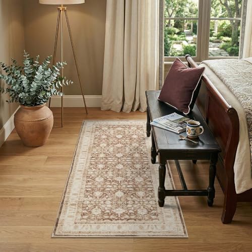 jinchan 2x5 Washable Vintage Runner Rug, Distressed Traditional Floral Hallway Runner, Soft Low-Pile Non-Slip Floor Mat for High-Traffic Kitchen Entryway Laundry Room Bathroom Vanity, Taupe - color: Oriental Taupe, size: 2' x 5' (Runner)