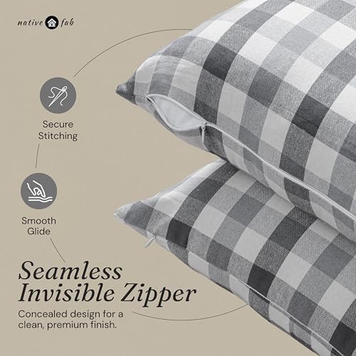 Native Fab Throw Pillow Covers 2 Pack, 16x16 Inches, 100% Cotton, Woven Gingham Plaid, Premium Decorative Cushion Cases, Modern Farmhouse Decor for Living Room, Sofa, Couch, Stone & Charcoal Grey - color: Gingham Stone & Charcoal Grey, size: 16" x 16" (Pa