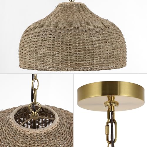 JONATHAN Y 20" Brown/Brass Gold 1-Light Rattan and Iron Dome Pendant Light, Adjustable Height Coastal Bohemian Hanging Lamp for Kitchen Island, LED Bulb Included JYL1133A