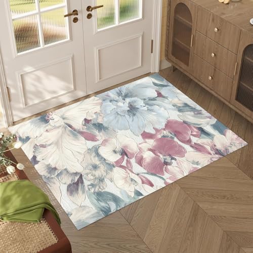Plant Printing Area Rug, 1.5 x 2.5ft, Home Decorative Rugs, Reduce Noise Low Pile Non-Slip Throw Rugs, Soft Machine Washable High Traffic Rug for Study Room Bedside - color: Dusty Rose and Muted Aqua, size: 1.5 x 2.5ft / 18 x 30in / 45 x 75cm