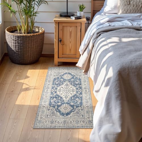 Lahome Oriental Washable Small Area Rug, 2x3 Rugs for Entryway Kitchen, Ultra-Thin Soft Indoor Door Mat Non Slip Throw Carpet for Bedroom Bathroom Eleanor, Blue - color: Blue, size: 2' x 3' (Rectangular)