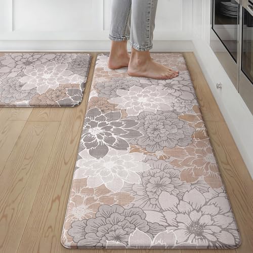GENIMO Kitchen Mats for Floor, Kitchen Rugs Non Slip Washable Sets of 2, Waterproof Cushioned Anti Fatigue Mat, Floral Runner Rug for Laundry, Sink, Office, Home, 17.3"x47"+17.3"x30", Taupe Grey - color: Taupe Grey, size: 17.3"x47"+17.3"x30"