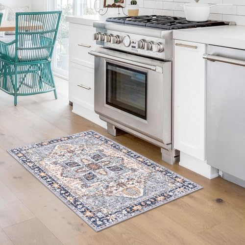 KOZYFLY Small Area Rug 2x3 Ft Rugs for Entryway Washable Boho Entry Rug Non Slip Door Mat Indoor Entrance Faux Wool Vintage Printed Kitchen Rug Throw Rugs for Entrance Kitchen, Blue Gray/Cream - color: Blue Gray/Cream, size: 2' x 3' (Rectangular)