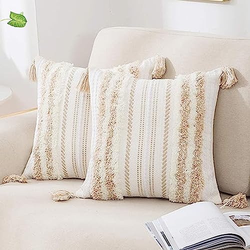 decorUhome Summer Decorative Boho Throw Pillow Covers 18x18 Set of 2, Accent Neutral Textured Tufted Pillow Covers Striped for Couch Bed Sofa Living Room, Khaki and Cream White - color: Khaki and Cream White, size: 18" x 18" (Pack of 2)