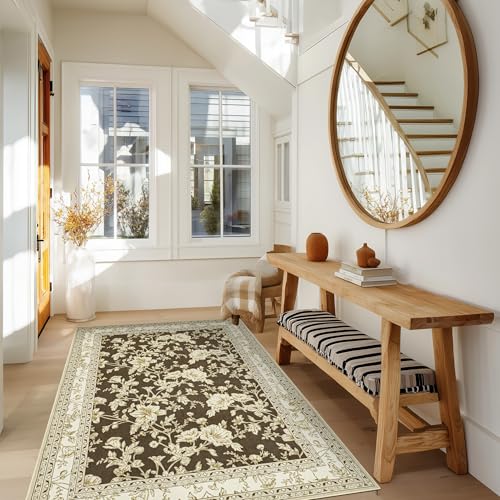 Brown Floral Print Area Rugs for Bedroom Living Room Boho Farmhouse Country Rustic Dining Room Carpet Soft Washable Rugs Non Slip Floor Covering for Nursery Playroom 3x5 - color: Sketch Floral Brown, size: 3' x 5' (Rectangular)