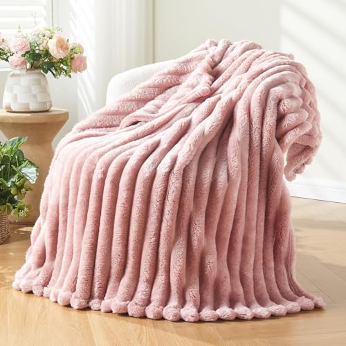 NEWCOSPLAY Super Soft Throw Blanket Pink Premium Silky Flannel Fleece 3D Ribbed Jacquard Lightweight Bed Blanket All Season Use (Pink Ribbed, Throw(50"x60")) - color: Pink Ribbed, size: Throw(50"x60")