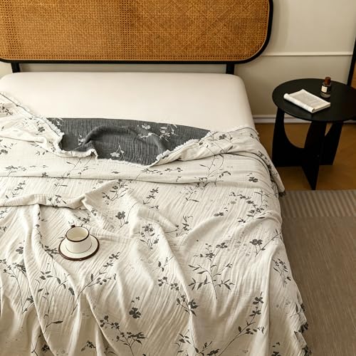 Lemfux 4-Layer 100% Cotton Muslin Cooling Blanket, Boho Floral Gauze Throw with Fringe, Ultra Soft Breathable Lightweight Bedspread Coverlet for Bed Sofa Couch (White-Dark Grey Floral, 80"x90") - color: White-dark Grey Floral, size: 80"x90"