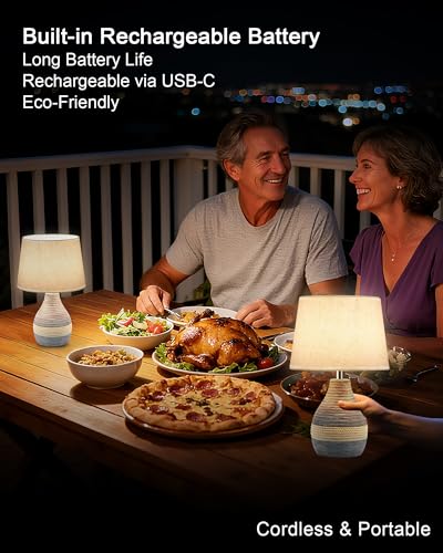 UMEXUS 13” Small Ceramic Cordless Table Lamp with Timer, Dimmer, Linen Shade, Remote Control, Rechargeable Battery Light for Patio Nightstand Kitchen Counter Living Room Side Table, Bulb Included - size: Small-13"H-Rope accent design
