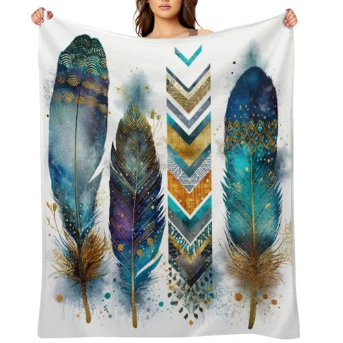 Blanket Feather Pattern Blue Throw Blanket for Women Men, 30"x40" Vintage Watercolor Gold Branch Plush Flannel Throws, Decor for Bed Couch Bedroom - color: Feather Pattern Blue, size: 30"x40"