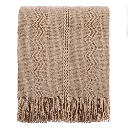 BATTILO HOME Boho Farmhouse Throw Blanket for Couch & Bed | Soft Polyester Fringe, 50x60 Tan Taupe Living Room Decor - color: Tan, size: 50 x 60 in.