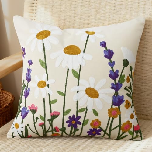 Floral Embroidered Decorative Throw Pillow Covers 18x 18 Inch Set of 1, Boho Spring Farmhouse White Daisy Flowers Patterned Canvas Cushion case for Couch Sofa Bed Living Room Home Decor - color: Falling Petals