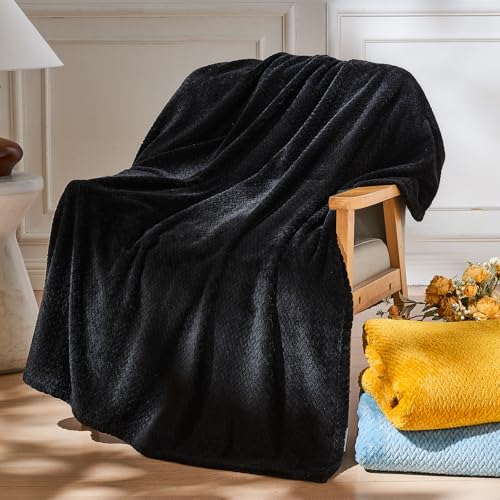 NEWCOSPLAY Super Soft King Blanket Black Premium Silky Flannel Fleece Leaves Pattern Lightweight Bed Blanket All Season Use (Black, King(90"x110")) - color: Black, size: King(90"x110")