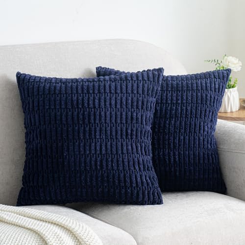 Pack of 2 Corduroy Decorative Throw Pillow Covers 16x16 Inch Soft Boho Striped Pillow Covers Modern Farmhouse Home Decor for Summer Coastal Sofa Living Room Couch Bed Dark Blue - color: Navy Blue, size: 16" x 16" (Pack of 2)