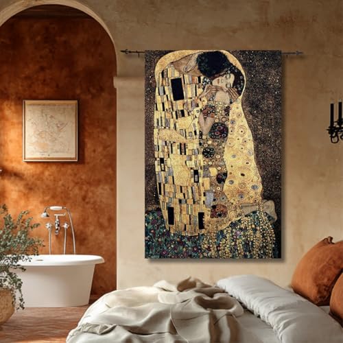 ORIMONY The Kiss by Gustav Klimt Woven Tapestry Wall Hanging, Large Vintage Medieval Tapestry for Room Aesthetic (80L x 54W) - size: 80"L x 54"W