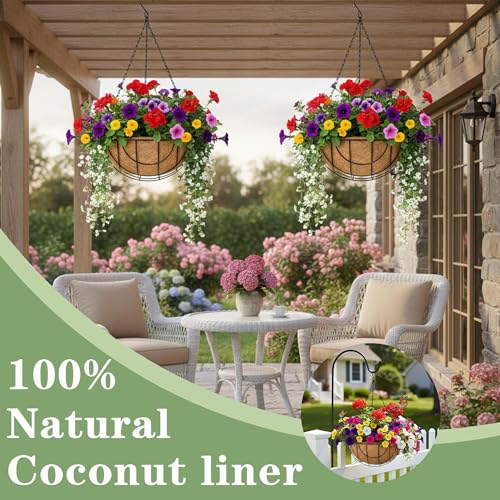 EIMQUVW Outdoor Metal Hanging Planters Basket (4pack, 14 inch) Hanging Baskets for Plants Chain Round Wire Plant Holder with Coco Fiber Liners for Garden, Patio, Deck, Porch(Grid)
