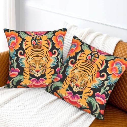 Tiger Throw Pillow Covers 18x18 Set of 2 Spring Floral Decorative Pillow Covers Animal Farmhouse Cushion Cover for Sofa Couch Bed Home Decor - color: Tiger, size: 18" x 18" (Pack of 1)