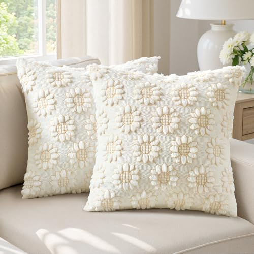 EMEMA Cream Floral Tufted Throw Pillow Covers, Set of 2 Soft Textured Decorative 18x18 Cushion Cases Bringing a Light, Cozy Layer to Sofa, Couch, Bedroom or Modern Farmhouse Living Room Décor - color: White-little Flower, size: 18" x 18" (Pack of 2)