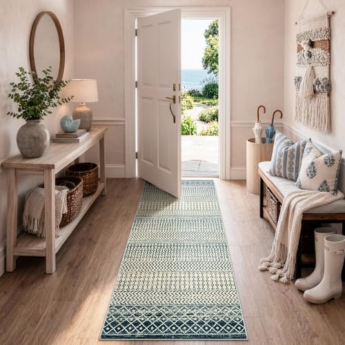 Moroccan Kitchen Runner Rug, 2x6 Non Slip Vintage Blue Rug for Kitchen Floor, Soft Low-Pile Washable Laundry Room Rug Indoor Floor Throw Carpet for Doorway Hallway Bedside Bathroom - color: Royal Blue, size: 2' x 6' (Runner)