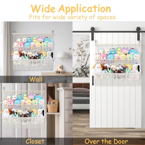 2 Tier Stuffed Animal Storage Shelf Net, 35x30'' Large Plushie Net w/ 2.4/1'' Dense Mesh for Mini Medium Stuffy Teddy, Beige Boho Macrame Toy Holder Display w/ Lights&Clips for Nursery Kid Girl Boy - color: Beige, size: Large-2 Tier-35x30 Inch