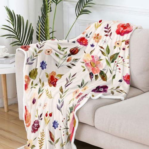 Boho Floral Blankets Pink Floral Throw Blanket, Soft, Flannel, Warm, Colorful Watercolor Flowers Throw Blanket, Botanical Flowers Bed Throws for Couch Bedroom Living Room 60X80 Inch - color: Pink, size: 60 X 80