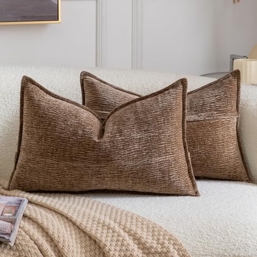 MADIZZ Pack of 2 Decorative Throw Pillow Covers Soft Chenille Throw Pillows Solid Textured Cushion Covers for Couch Sofa Bedroom Living Room 20x12 Inch, Brown - color: Brown, size: 20" x 12" (Pack of 2)