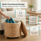 DEILSY™ Natural Water Hyacinth Round Storage Ottoman with Removable Lid, Fabric Liner & Wooden Feet – Handwoven Footstool Ottoman for Living Room, Bedroom & Entryway