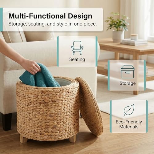 DEILSY™ Natural Water Hyacinth Round Storage Ottoman with Removable Lid, Fabric Liner & Wooden Feet – Handwoven Footstool Ottoman for Living Room, Bedroom & Entryway
