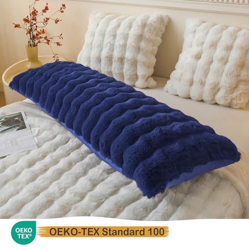 LIFEREVO Fluffy Faux Rabbit Fur Body Pillow Cover, Luxury Bubble Waffle Shaggy Plush Bed Pillowcase with Zipper Closure, Royal Long 20"x54" Fuzzy Furry Pillow Case for Adults Kids Girls, Navy Blue - color: Navy Blue