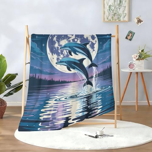 Dolphin Blanket, Two Dolphins Jumping Under Moonlight Flannel Throw Blanket for Couch Bed Or Chair, Luxury Lightweight Comfy Blankets Home Decor Gift 40x50in(100 * 125cm)