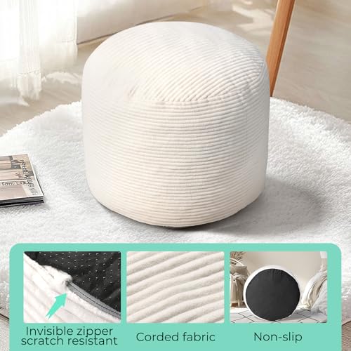 Dual-Size Corduroy Ottoman with Hidden Zipper – Ergonomic Memory Foam Footrest Poufs for Office Desks, Couches & Delicate Floors,Off-White 26"x 18" - color: Off-white, size: 26"D x 26"W x 18"H