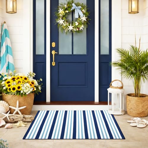 Moucuny Navy White and Blue Striped Rug, 2' x 3' Coastal Navigation Theme Summer Rug Outdoor Front Porch Door Mat Welcome Layering Rustic Washable Doormat for Entryway Farmhouse Decor - color: Navy White Blue, size: 2' X 3', style: Vertical Stripe
