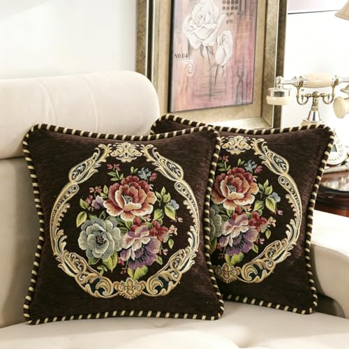 Set of 2 Vintage Floral Throw Pillow Covers 18x18 Inch, Brown Chenille Embroidered Cushion Cases, Decorative Euro Shams for Couch Sofa Bed Farmhouse Home Decor - color: Brown