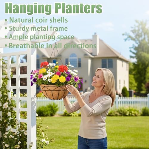 2 Pack 12 Inch Hanging Baskets for Plants Outdoor Metal Hanging Planters Round Hanging Flower Pots with Coco Coir Liner Plant Holder for Outdoor Patio Garden Balcony Decor - Geometric - color: Geometric