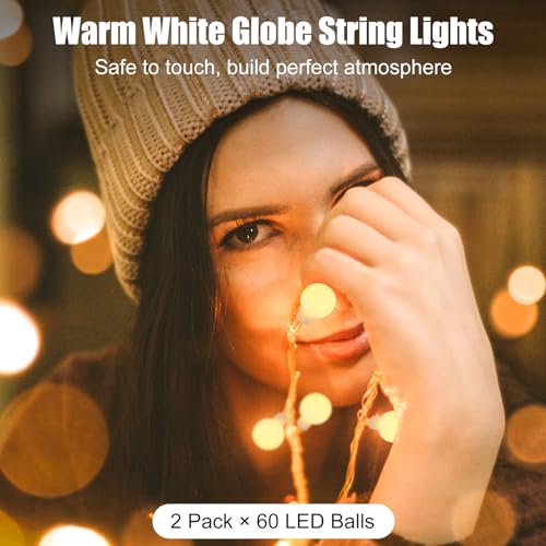 Minetom 2 Pack Globe String Lights Battery Operated, Totally 120 LED Fairy Lights with Remote, Waterproof for Indoor Outdoor Bedroom Classroom Dorm Camping Canopy Wedding Xmas Decor, Warm White - color: Warm White, size: 2 Pack