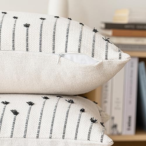 LILEPOY Boho Throw Pillow Covers 20x20 Set of 2 Neutral Decorative Textured Cushion Case Farmhouse Pillowcase Modern Square Pillow Covers for Sofa,Couch, Living Room,Beige and Black - color: Beige and Black, size: 20" x 20" (Pack of 2)