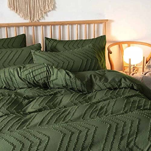 Nanko Olive Green Duvet Cover Full Size, 3pc Boho Tufted Microfiber Bedding Comforter Cover Set, All Season Aesthetic Shabby Chic Soft Embroidery Textured Geometric Quilt Cover (80x90) - color: Cover(not Comforter)-olive Green Tufted, size: Full