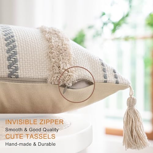 Boho Throw Pillow Covers 12x20 Set of 2 Woven Tufted Farmhouse Pillows Cover with Tassels Textured Striped Cushion Case Lumbar Pillow Cases Decorative Pillowcase for Sofa, Couch, Bed, Khaki - color: Khaki, size: 20" x 12" (Pack of 2)