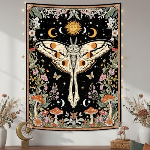 Aipon Boho Moth Tapestry Vintage Floral Flowers Tapestries Aesthetic Retro Mushroom Tapestries for Bedroom Sun and Moon Indie Small Tapestry Wall Hanging for Living Room Dorm 60 x 44 Inch - color: Black Mushroom Moth, size: 60"L x 44"W