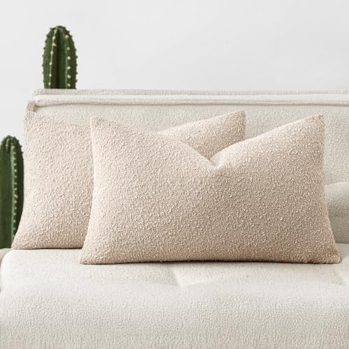 Pack of 2 12x20 Inch Decorative Boucle Throw Pillow Covers Textured Lumbar Pillowcaes Accent Solid Cozy Soft Cushion Covers Home Decor for Sofa Couch Living Room Home Decor,Neutral - color: Neutral, size: 20" x 12" (Pack of 2)