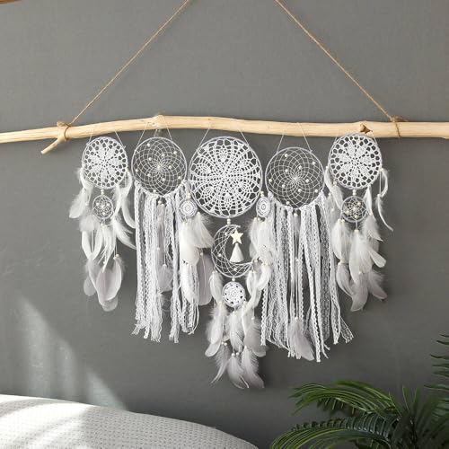 Set of 5 Boho, Hanging Large Boho Dream Catcher Wall Hanging Moon Dream Catcher Set Dream Catchers Wall Decor for Vintage Wedding Home Decorations (WHITC) - color: Whitc