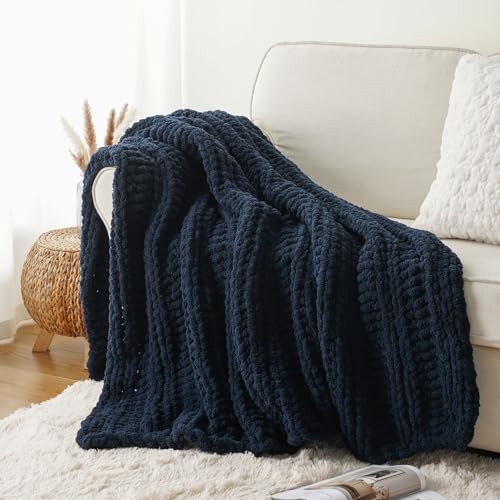Battilo Cozy Navy Blue Throw Blanket 50" x 60" | Hand Knitted Chunky Knit Throw Blanket, Soft Jumbo Chenille for Couch Sofa Bed - color: Navy