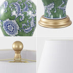 JONATHAN Y 24" Green/White French Country Ceramic Floral Urn Table Lamp, White Linen Shade, Chinoiserie Ginger Jar Bedside Lamp for Living Room Bedroom, LED Bulb (JYL3009F) - color: Green/White