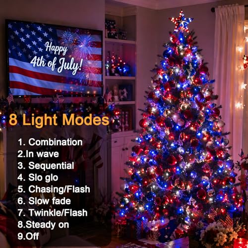 Couah 2 Pack 100 LED 38.4FT Red White and Blue Lights Battery Operated, Patriotic 4th of July Lights 8 Modes-Timer Indoor Outdoor Party Patriotic Memorial Day Independence 4th of July Decorations - size: 34.8FT-Red White Blue
